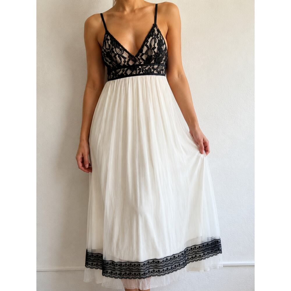 Jessica McClintock Vintage White Tulle Maxi Slip Dress Black Lace 5 Romantic